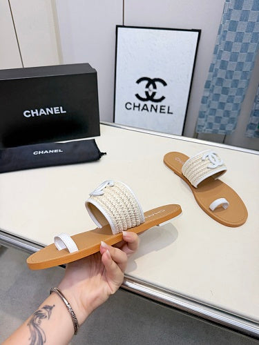 Chanel CC Logo Woven Raffia Toe-Ring Flat Sandals