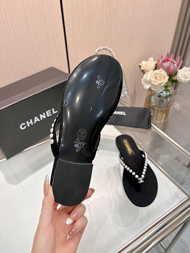 Chanel Pearl-Embellished CC Thong Sandals / Flip-Flops