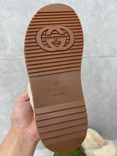 Gucci Beige GG Supreme Canvas Shearling-Lined Mule Slippers