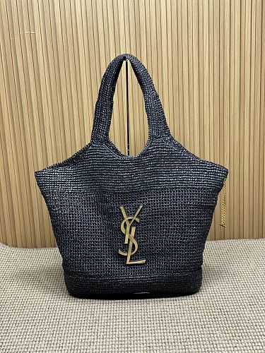 Saint Laurent (YSL) Black Raffia Crochet Tote Bag