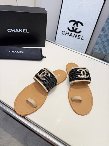 Chanel CC Logo Woven Raffia Toe-Ring Flat Sandals