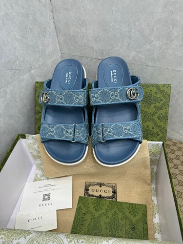 Gucci Double G Denim Jacquard Platform Sandals