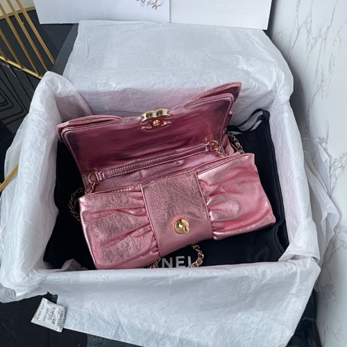 Chanel Metallic Pink Ruched Flap Bag / Chain Shoulder Bag