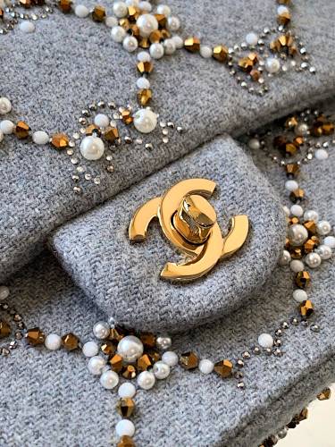 Chanel Light Blue Tweed Crystal & Pearl Embellished Flap Bag