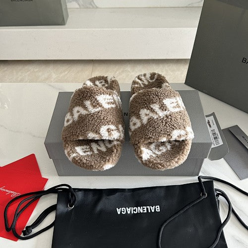 Balenciaga Allover Logo Furry Slide Sandals