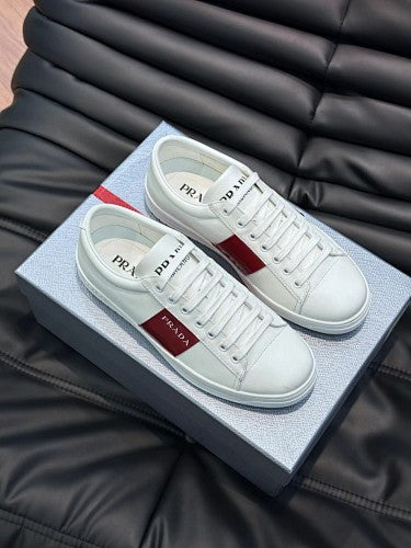 Prada White Leather Low-Top Sneakers with Burgundy Logo Stripe