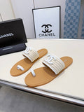 Chanel CC Logo Woven Raffia Toe-Ring Flat Sandals