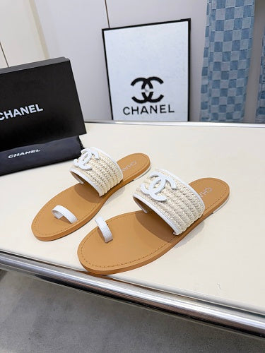 Chanel CC Logo Woven Raffia Toe-Ring Flat Sandals