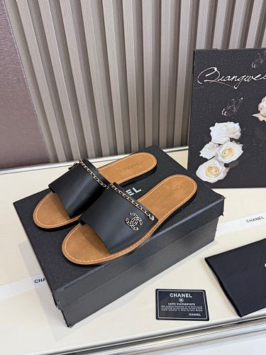 Chanel CC Logo Chain-Trim Slide Sandals