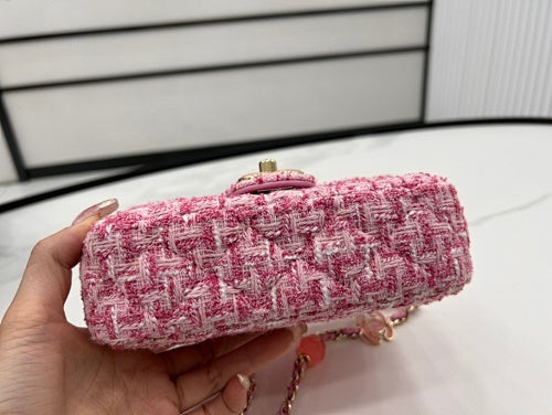 Chanel Pink Tweed Mini Flap Bag with Charm Chain Strap