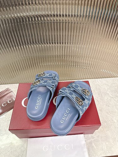 Gucci GG Denim Double-Strap Slide Sandals