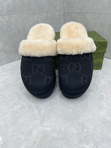 Gucci Black GG Canvas Shearling-Lined Mule Slippers