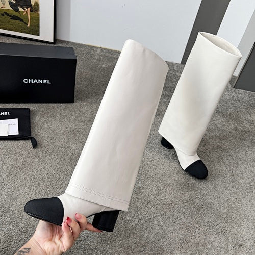 Chanel Two-Tone CC Logo Knee-High Riding Boots