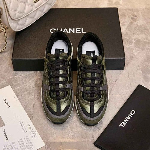 Chanel CC Logo Metallic Olive Green Runner Sneakers