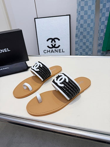 Chanel CC Logo Woven Toe-Ring Sandals
