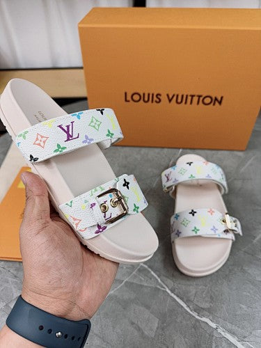 Louis Vuitton White Multicolor Monogram Double-Strap Slide Sandals