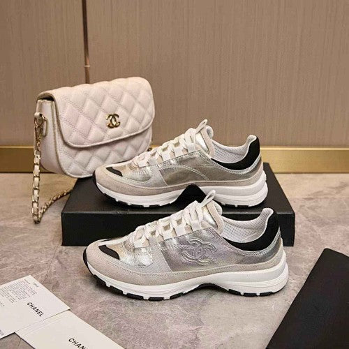 Chanel CC Metallic Silver & White Low-Top Runner Sneakers