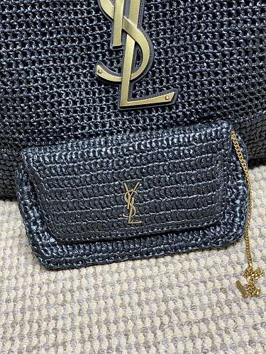 Saint Laurent (YSL) Black Raffia Crochet Tote Bag
