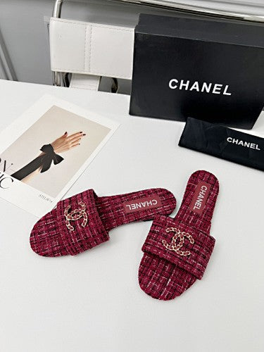 Chanel CC Chain Tweed Flat Slide Sandals – Burgundy/Berry