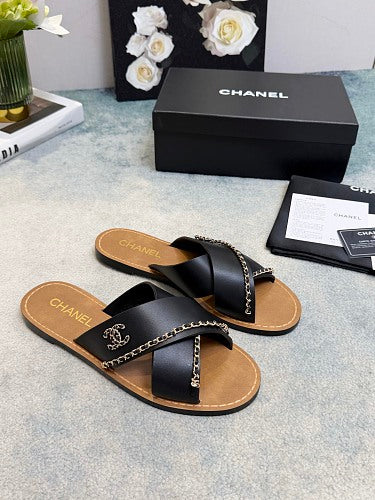Chanel CC Logo Chain-Trim Crisscross Slide Sandals