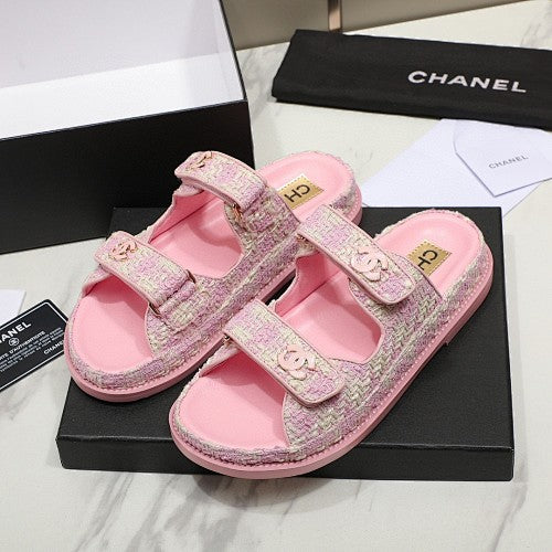 Chanel CC Logo Tweed Double-Strap Slide Sandals