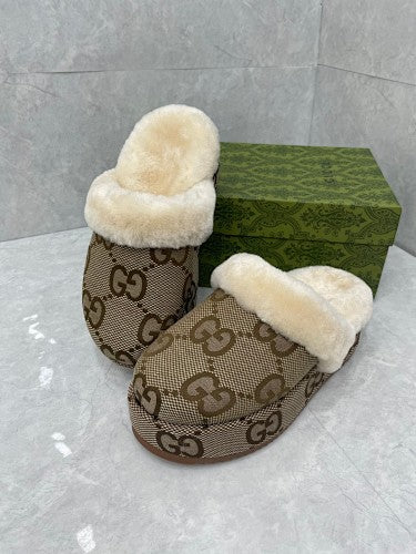 Gucci GG Canvas Shearling-Lined Mule Slippers