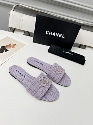 Chanel CC Chain Tweed Flat Slide Sandals