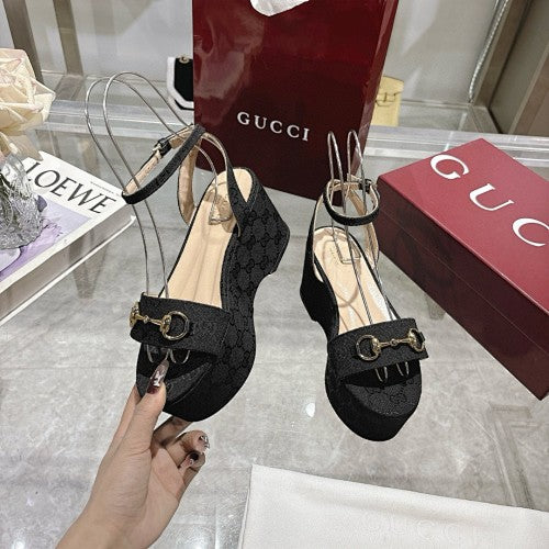 Gucci Black Horsebit Platform Wedge Sandals