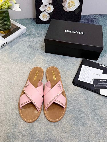 Chanel CC Logo Chain-Trim Crisscross Slide Sandals