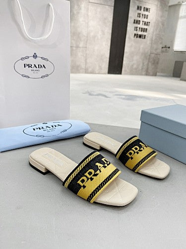 Prada Logo Embroidered Woven Slide Sandals