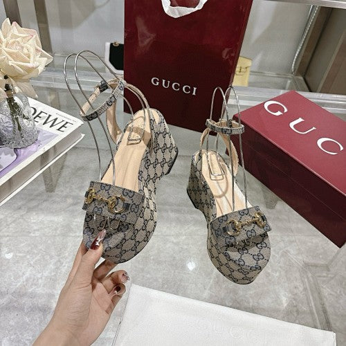 Gucci GG Supreme Horsebit Platform Wedge Sandals