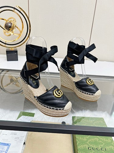 Gucci Marmont Matelassé Leather Platform Espadrille Wedges