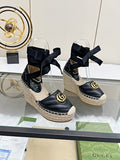 Gucci Marmont Matelassé Leather Platform Espadrille Wedges