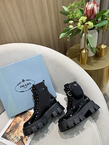 Prada Monolith Patent Leather & Re-Nylon Combat Boots