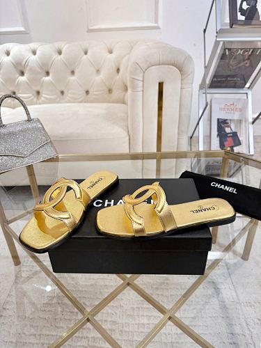 Chanel CC Logo Metallic Gold Leather Slide Sandals