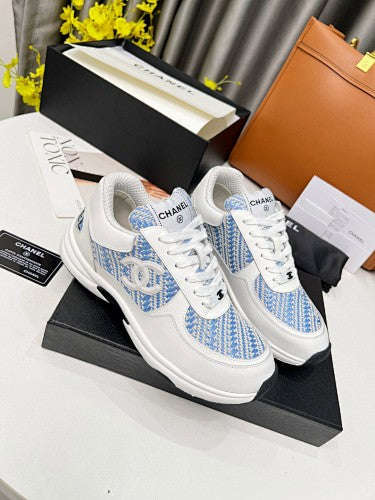 Chanel CC Logo Low-Top Sneakers – White & Blue Tweed