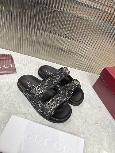 Gucci GG Denim Double-Strap Slide Sandals