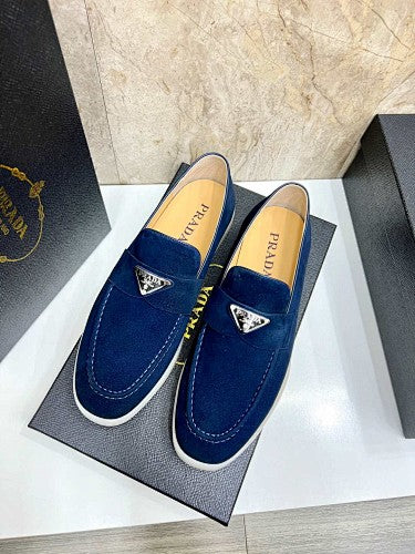 Prada Navy Blue Suede Triangle Logo Loafers