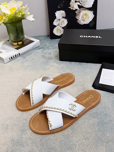 Chanel CC Logo Chain-Trim Crisscross Slide Sandals
