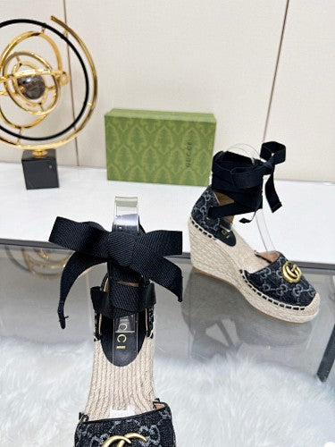 Gucci GG Denim Double G Platform Espadrille Wedges