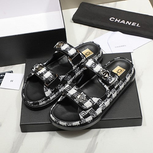 Chanel CC Logo Tweed Double-Strap Slide Sandals