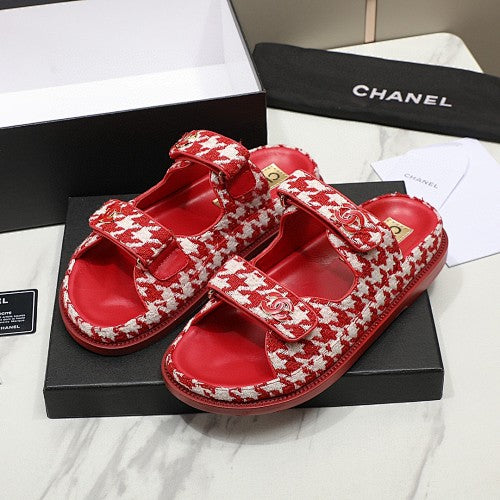 Chanel CC Logo Houndstooth Double-Strap Slide Sandals