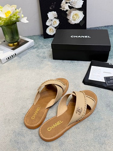 Chanel CC Logo Chain-Trim Crisscross Slide Sandals