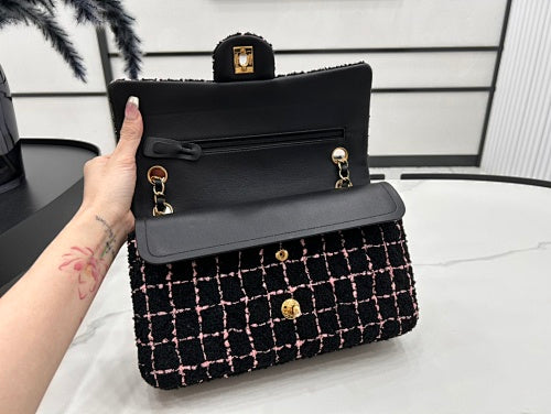 Chanel Black & Pink Tweed Classic Flap-Style Bag