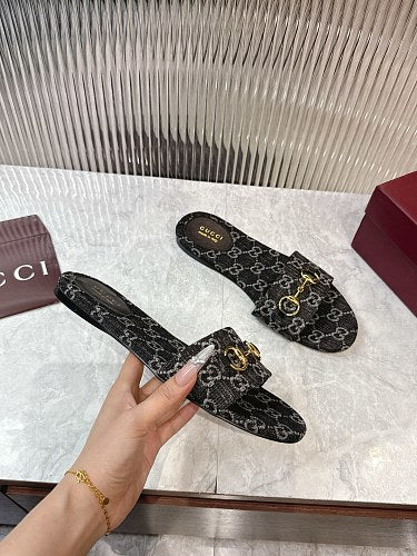 Gucci GG Monogram Horsebit Flat Slide Sandals