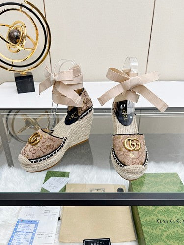 Gucci GG Supreme Canvas Double G Platform Espadrille Wedges