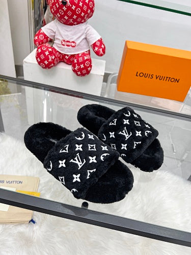 Louis Vuitton Monogram Shearling/Faux-Fur Pool Slides