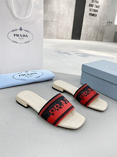 Prada Logo Embroidered Woven Slide Sandals