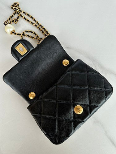 Chanel Black Quilted Flap Bag with Pearl-Embellished Chain Strap