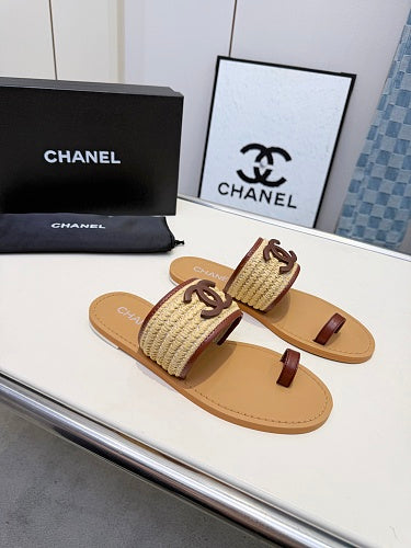 Chanel CC Logo Raffia Toe-Ring Sandals